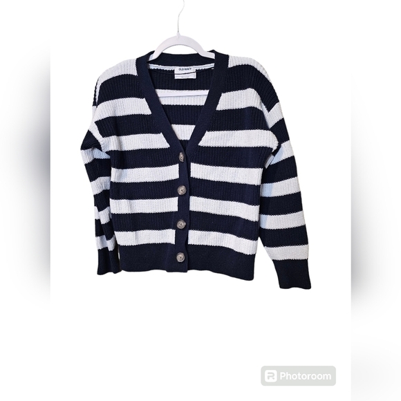 Old Navy blue and white stripe button up knit sweater. Medium - Picture 1 of 4